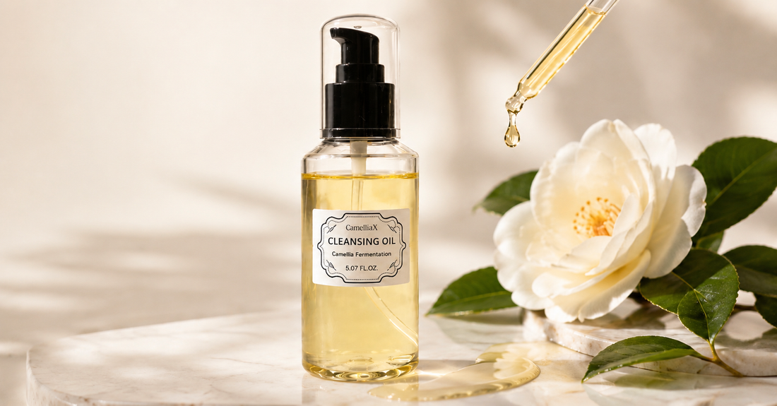 Infusion of bio-fermented camellia seed oil rich in oleic acid for skin barrier repair.