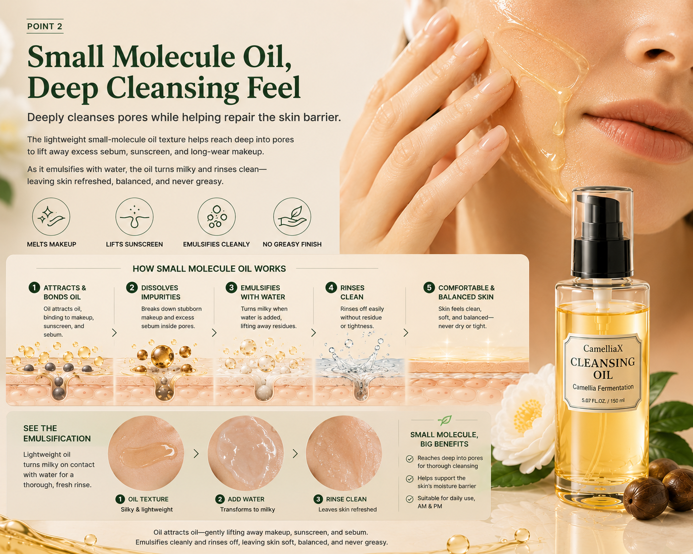 Small molecule oil deep cleansing feel