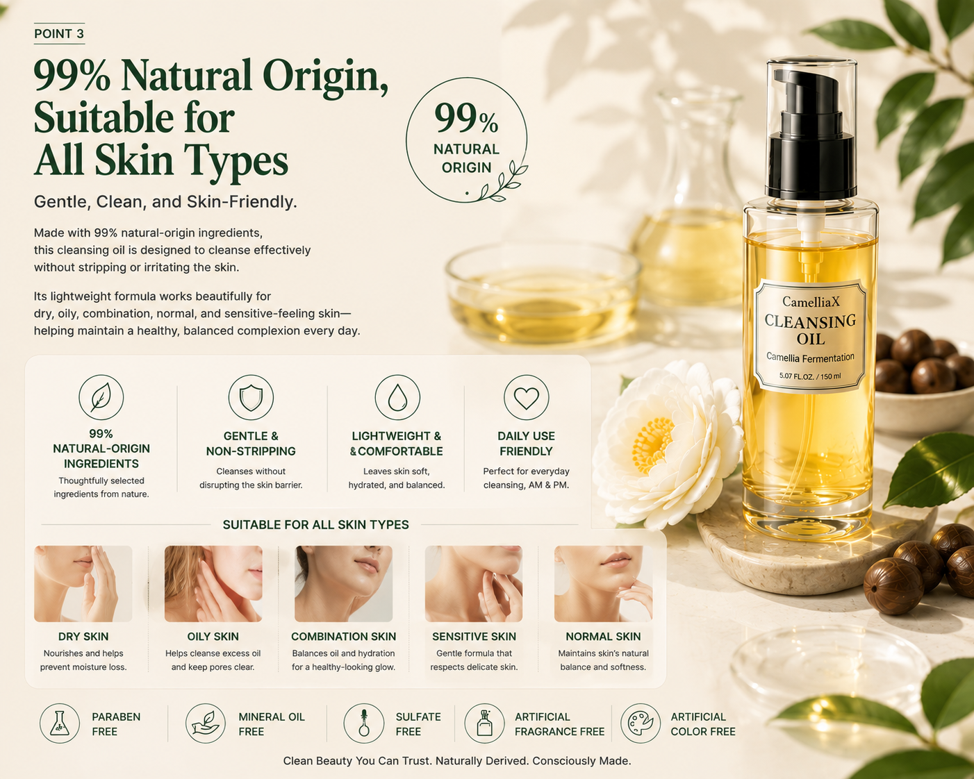 99 percent natural origin suitable for all skin types